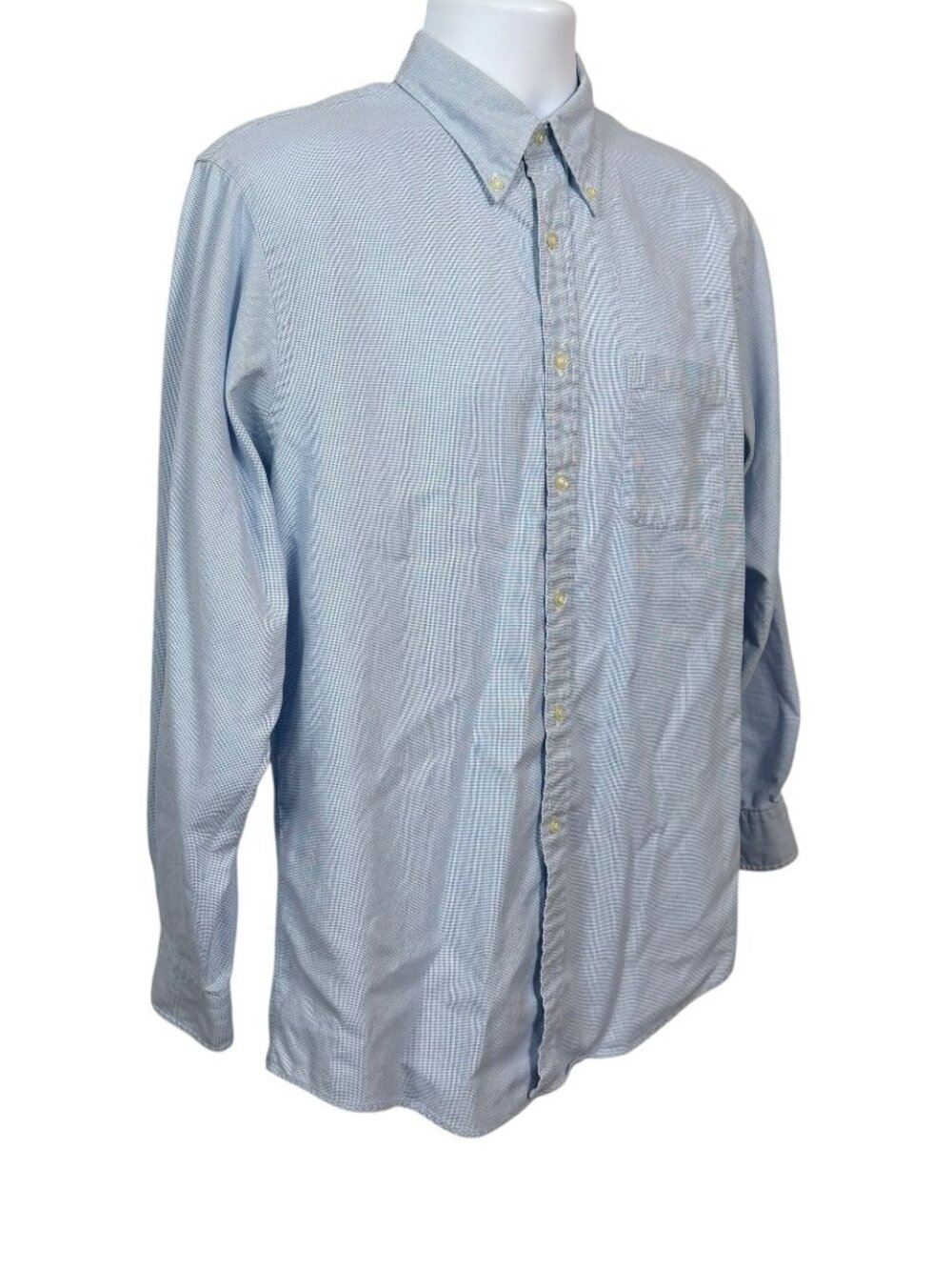 Lands' End Men's Blue Micro Check Dress Shirt 15.5 33 Reg Long Sleeve Button Up